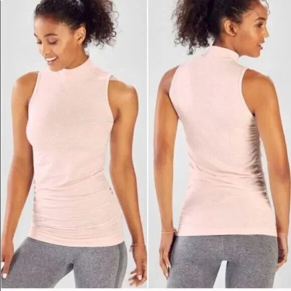 Fabletics Kathie Seamless Mock Neck Bodycon Knit Top Opal Pink Size M Side Ruch - Picture 1 of 5